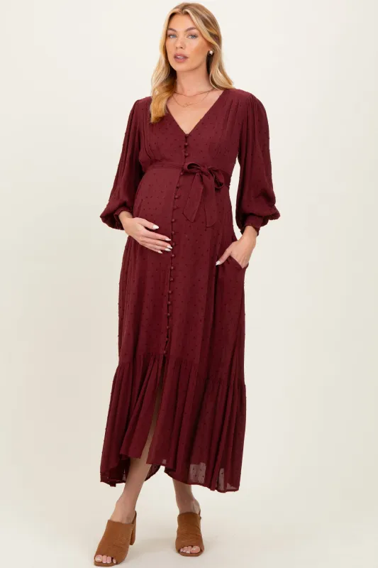 Burgundy Swiss Dot Button Down Maternity Maxi Dress sold by Pinkblush