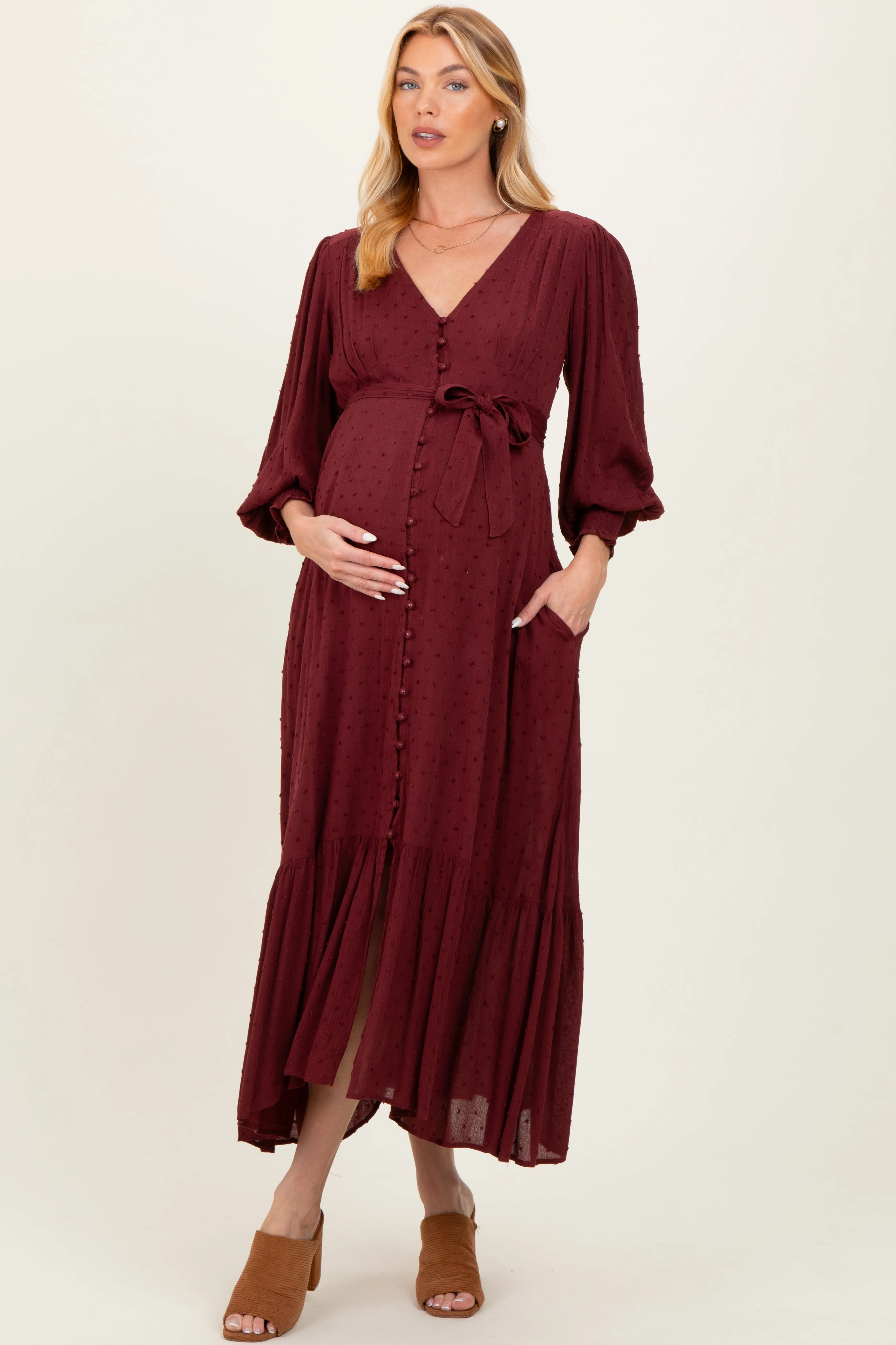Burgundy Swiss Dot Button Down Maternity Maxi Dress sold by Pinkblush