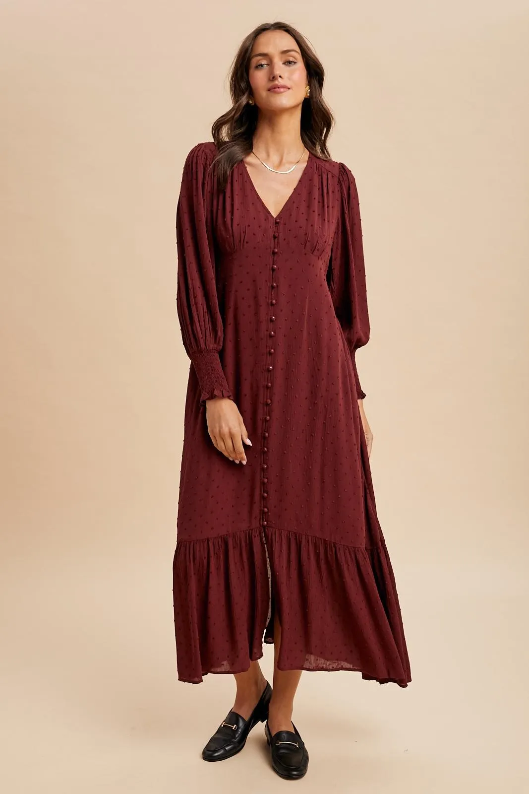 Burgundy Swiss Dot Button Down Maternity Maxi Dress sold by Pinkblush product image thumbnail 5