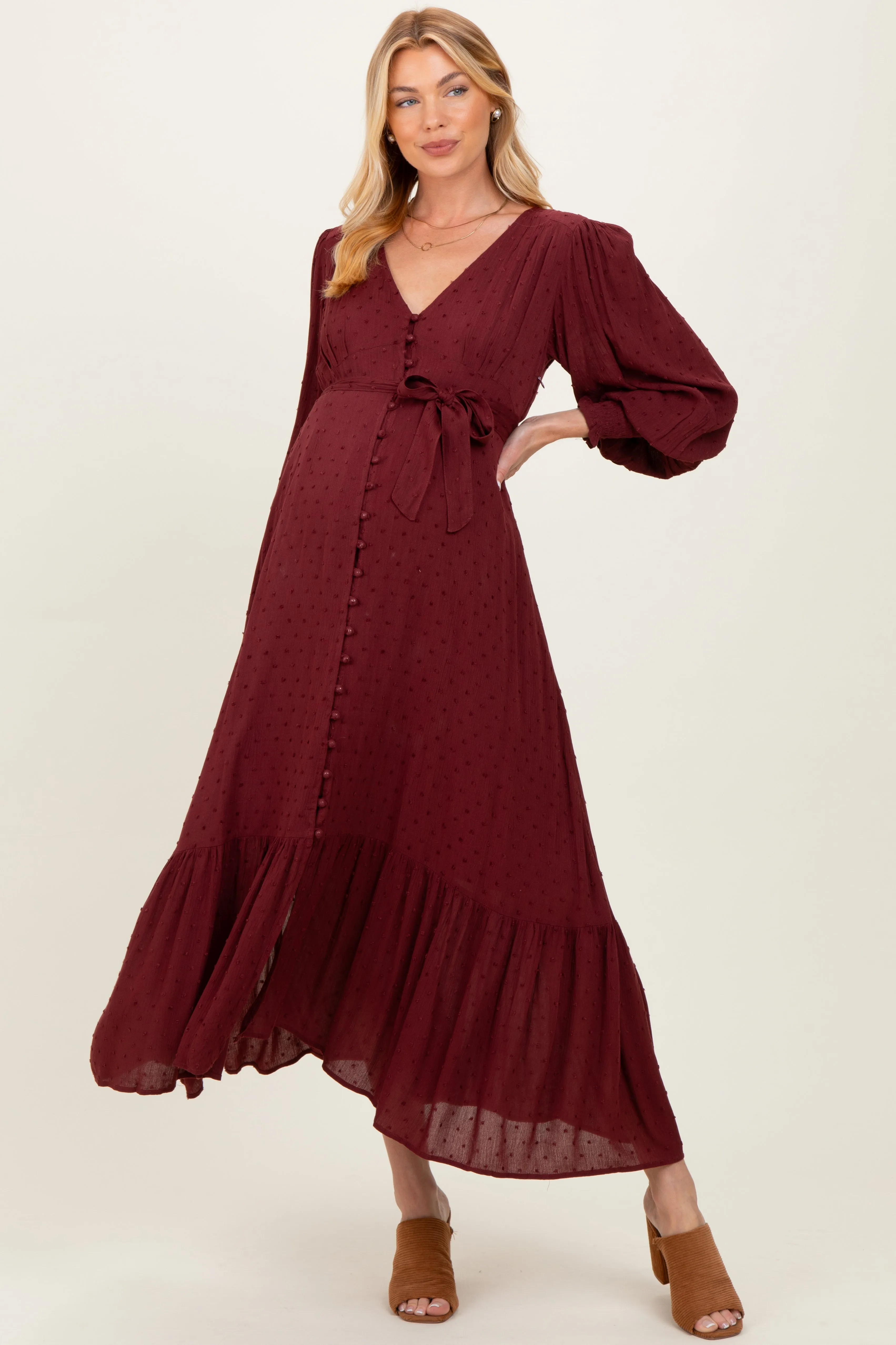 Burgundy Swiss Dot Button Down Maternity Maxi Dress sold by Pinkblush product image thumbnail 2