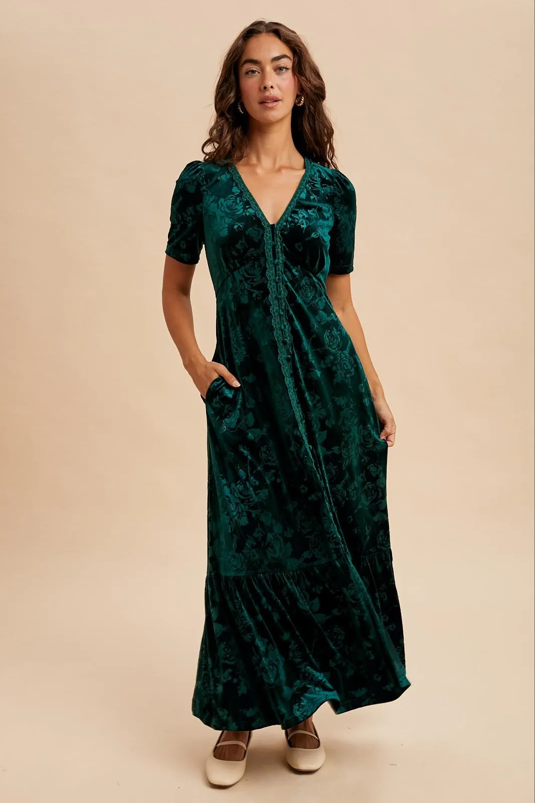 Forest Green Velvet Floral Button Down Maxi Dress sold by Pinkblush product image thumbnail 2