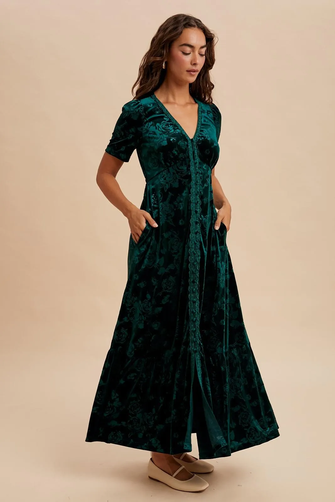 Forest Green Velvet Floral Button Down Maxi Dress sold by Pinkblush product image thumbnail 3