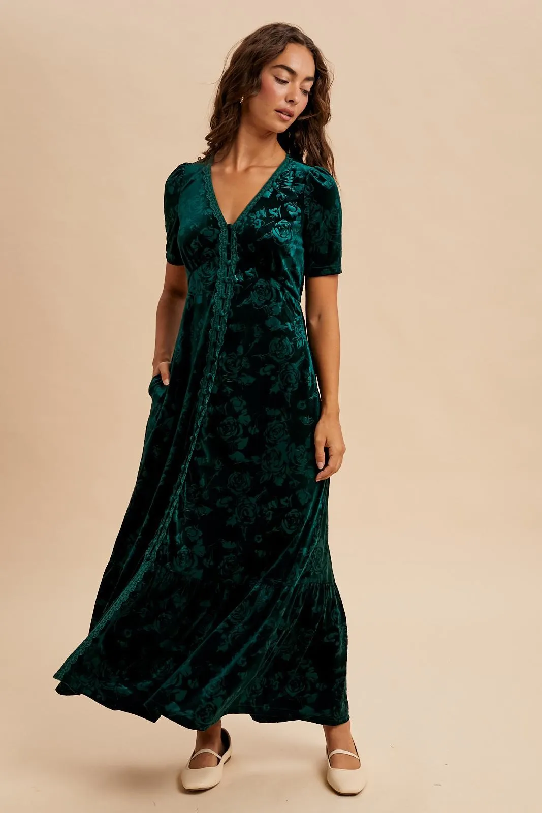 Forest Green Velvet Floral Button Down Maxi Dress sold by Pinkblush