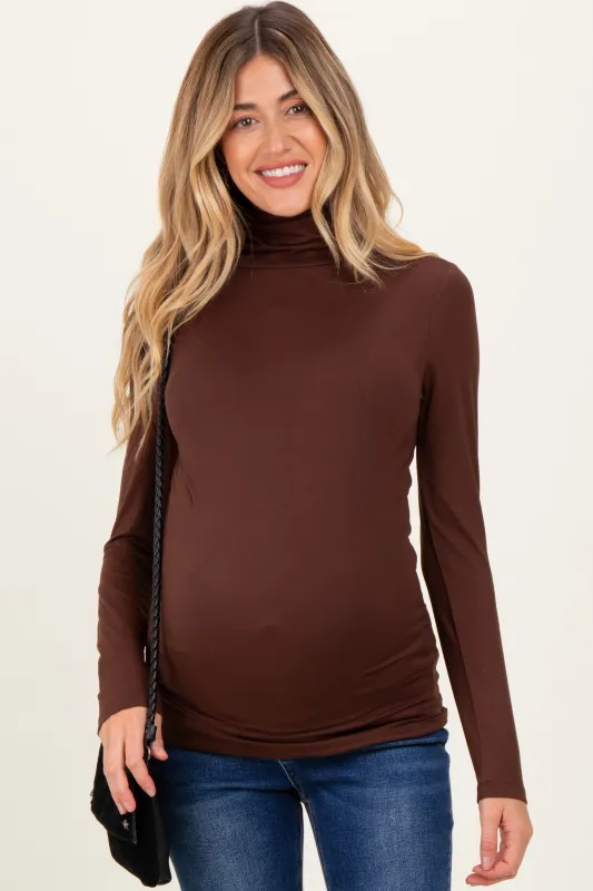Brown Brushed Knit Basic Turtleneck Maternity Top sold by Pinkblush