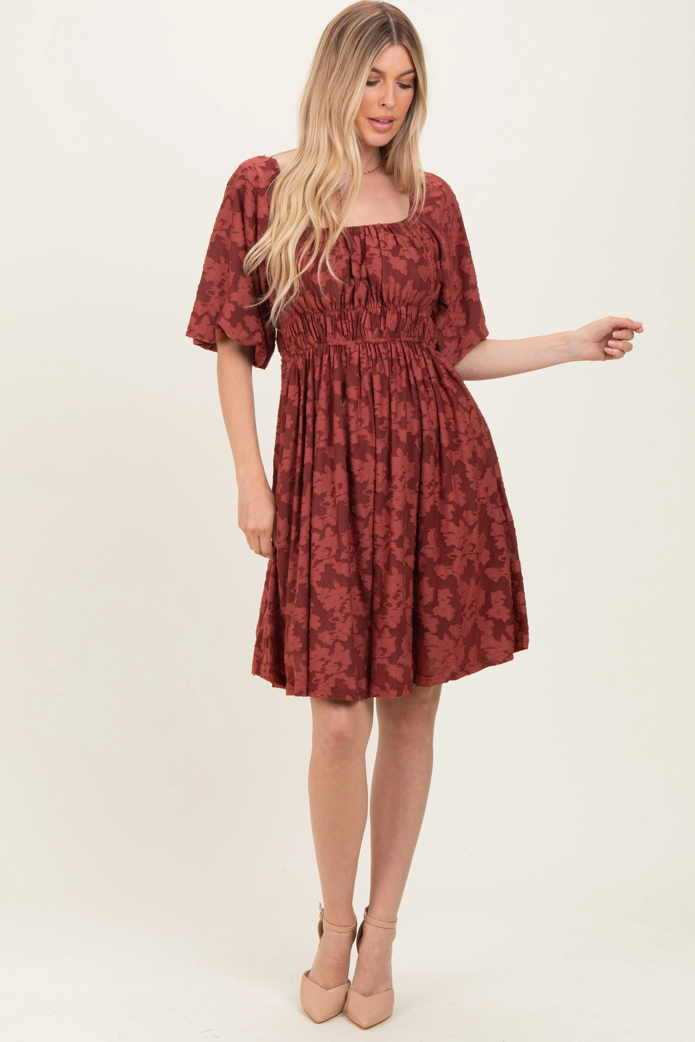 Burgundy Floral Square Neck Dress sold by Pinkblush