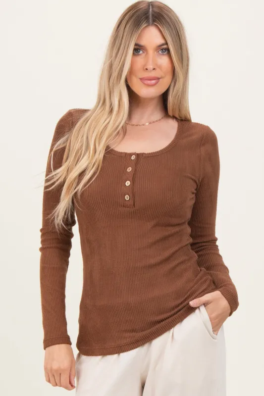 Brown Solid Ribbed Brushed Long Sleeve Button Down Round Neck Top sold by Pinkblush