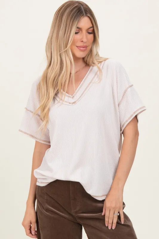 Cream Ribbed Short Sleeve V-Neck Reverse Stitch Top sold by Pinkblush