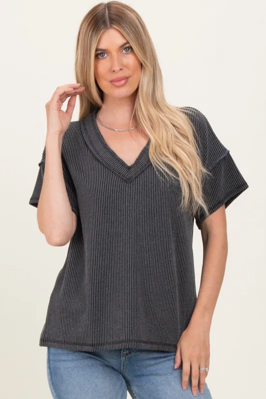 Charcoal Ribbed Short Sleeve V-Neck Reverse Stitch Top sold by Pinkblush