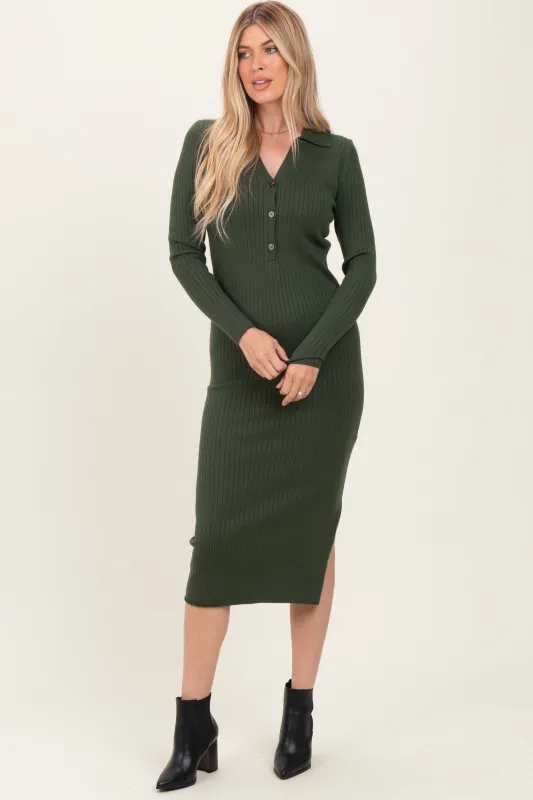 Olive Ribbed Knit Maternity Polo Dress sold by Pinkblush