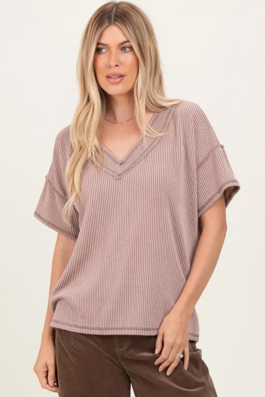 Taupe Ribbed Short Sleeve V-Neck Reverse Stitch Top sold by Pinkblush
