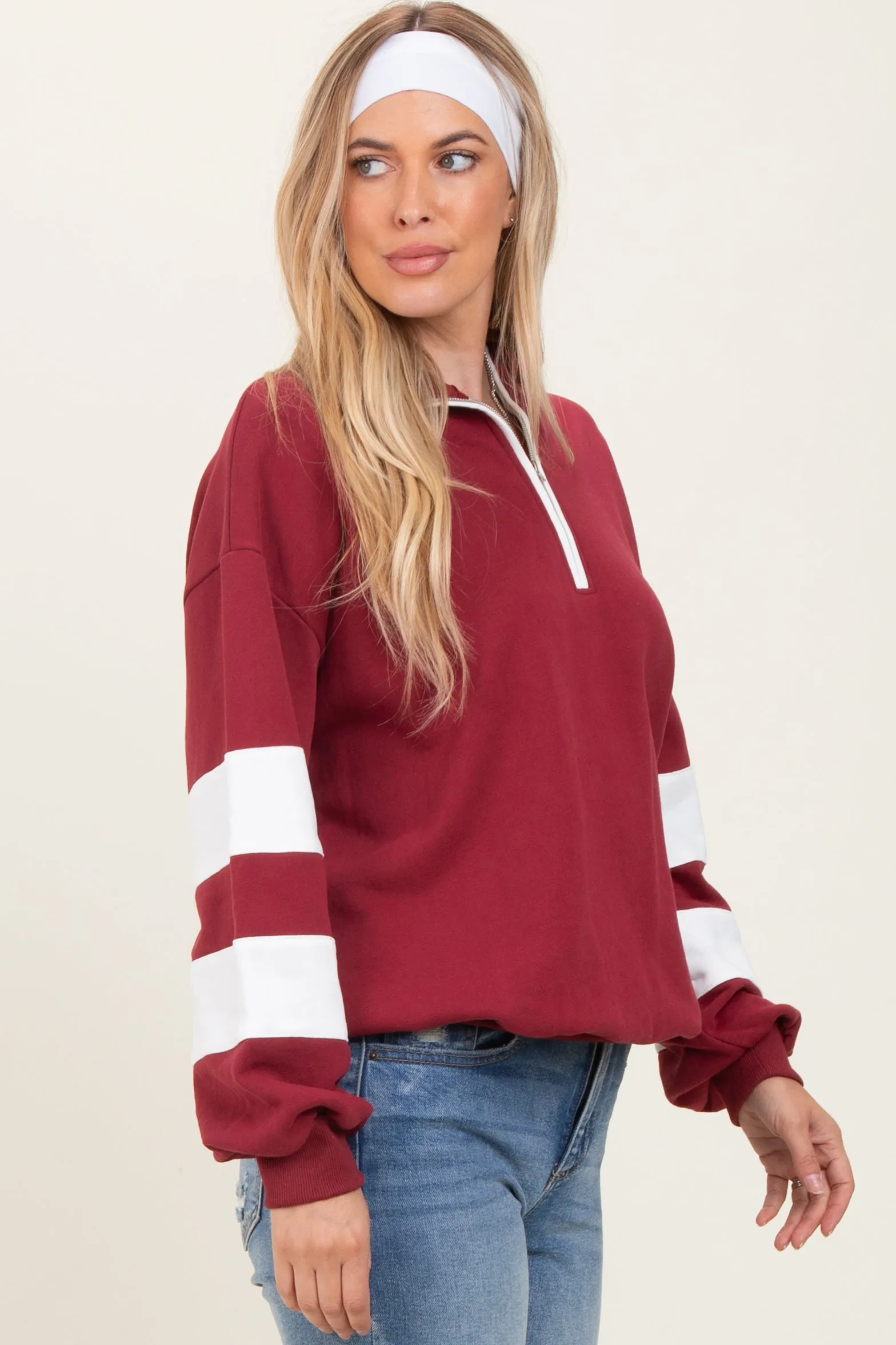 Burgundy Half Zip Stripe Sleeve Pullover sold by Pinkblush product image thumbnail 2