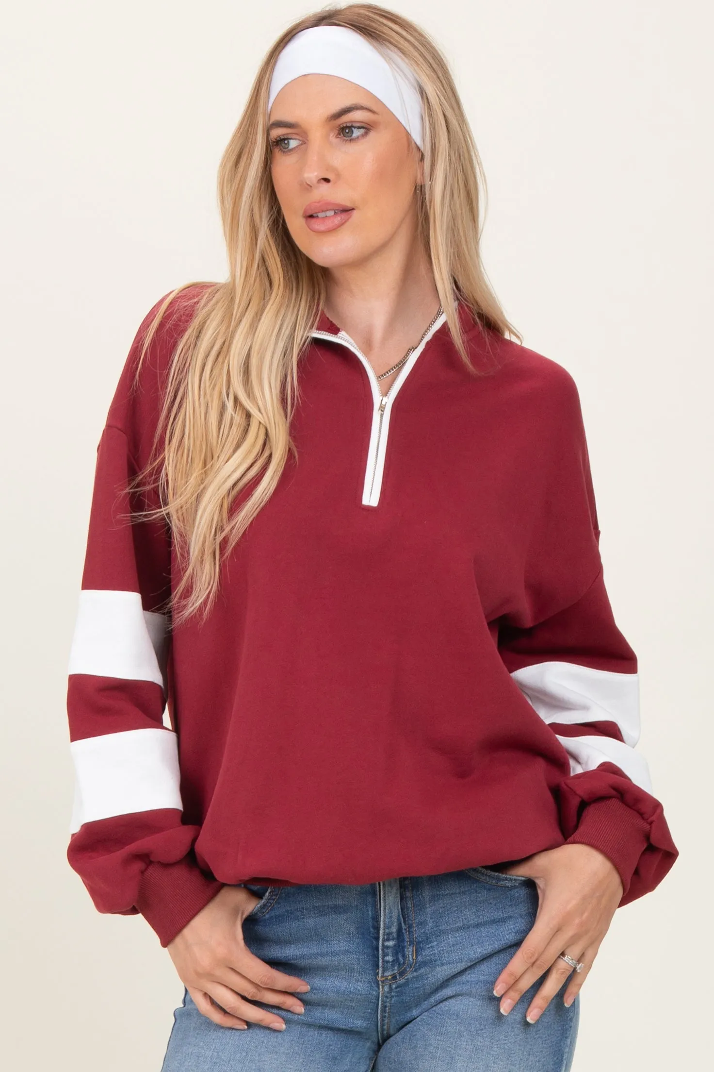 Burgundy Half Zip Stripe Sleeve Pullover sold by Pinkblush