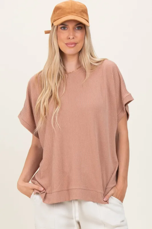Brown Solid Ribbed Short Sleeve Oversized Tunic Top sold by Pinkblush