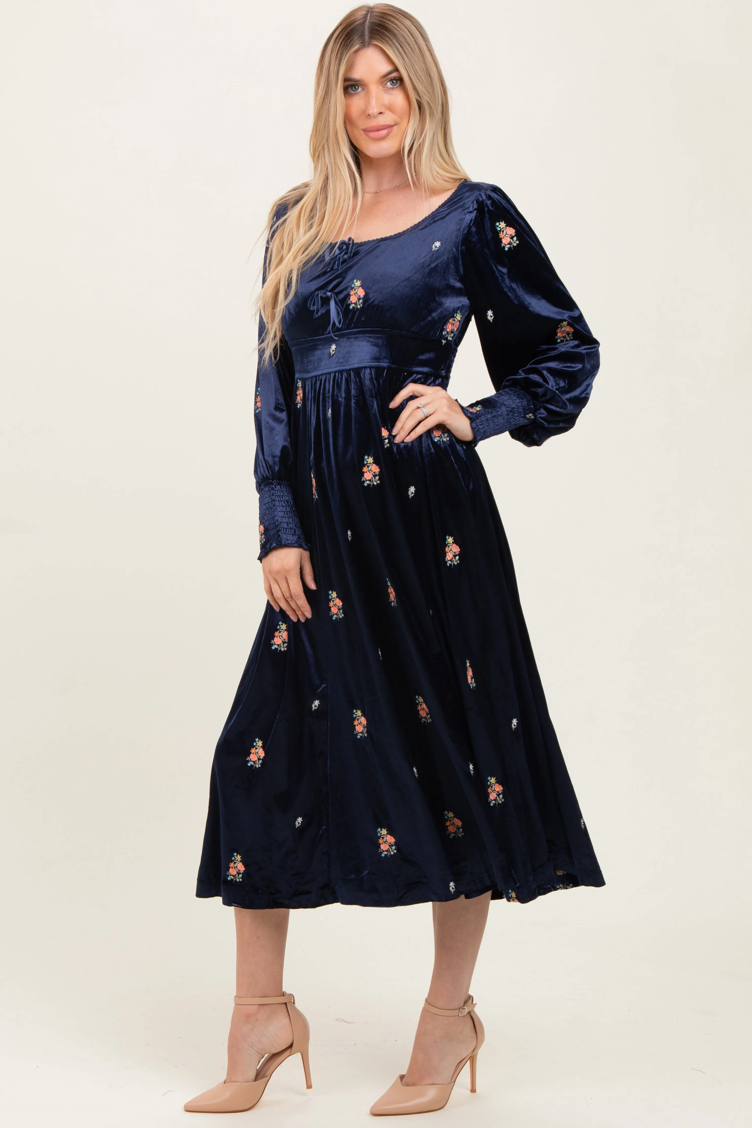 Navy Velvet Embroidered Floral Midi Dress sold by Pinkblush product image thumbnail 2