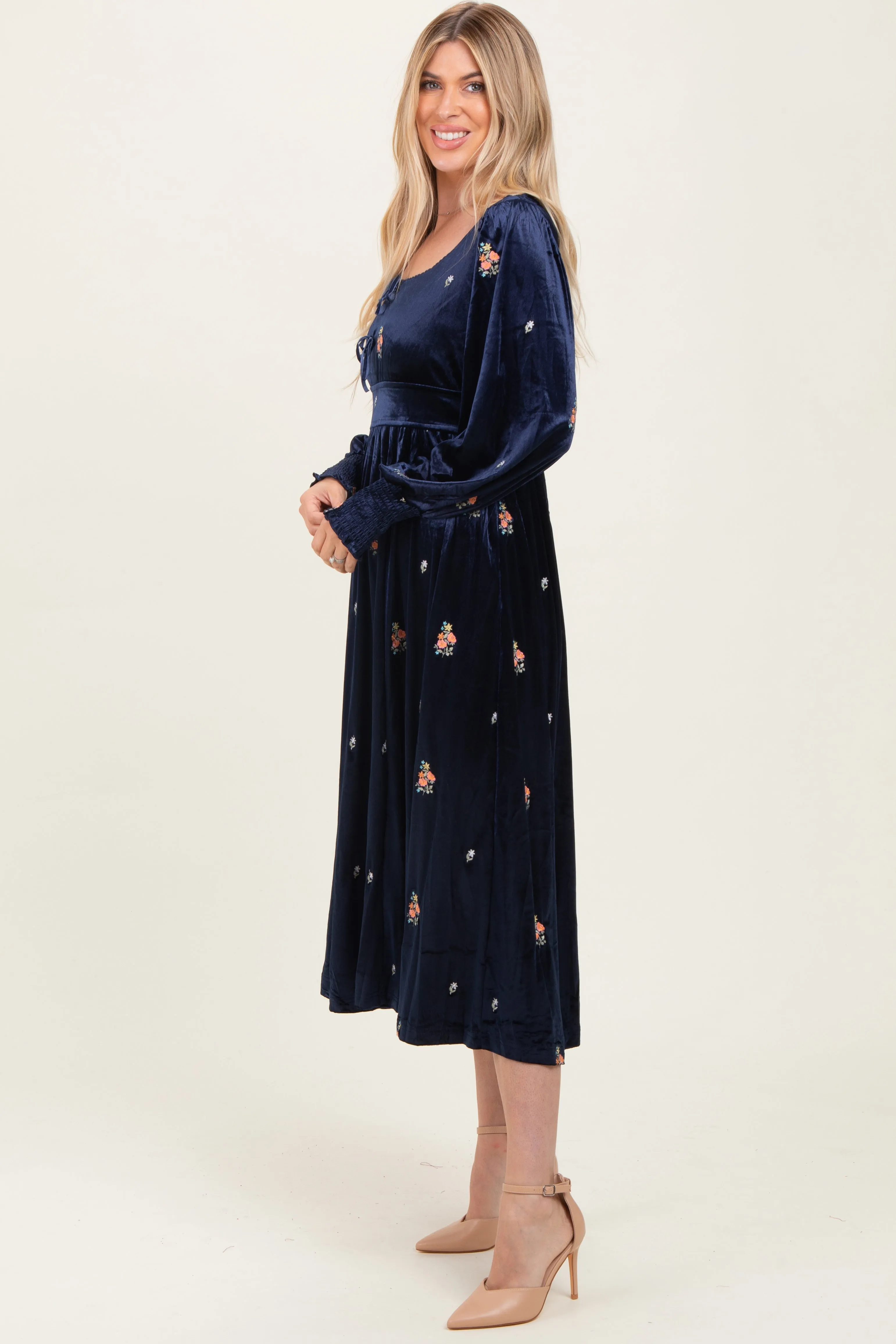 Navy Velvet Embroidered Floral Midi Dress sold by Pinkblush product image thumbnail 3