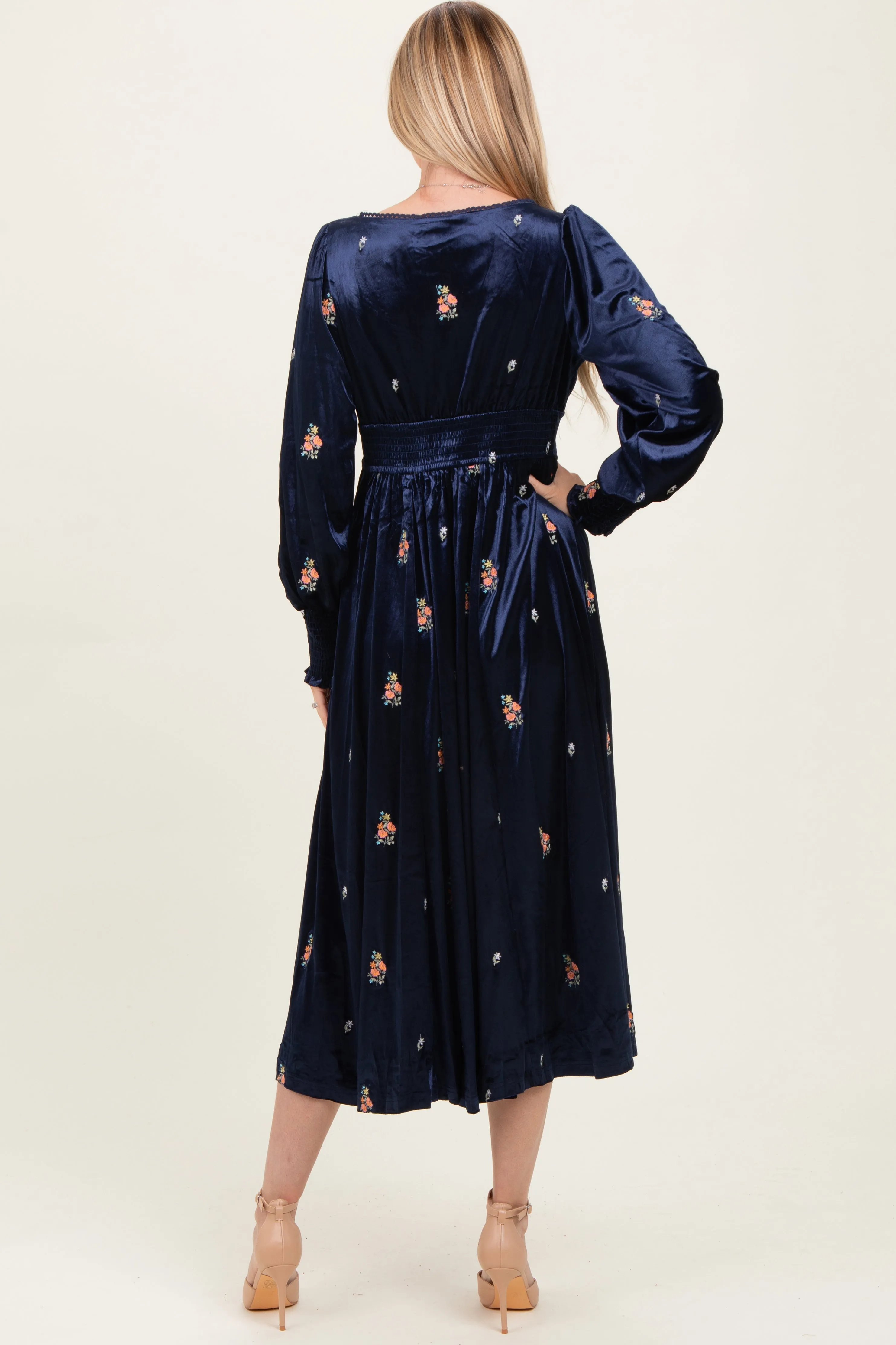 Navy Velvet Embroidered Floral Midi Dress sold by Pinkblush product image thumbnail 4