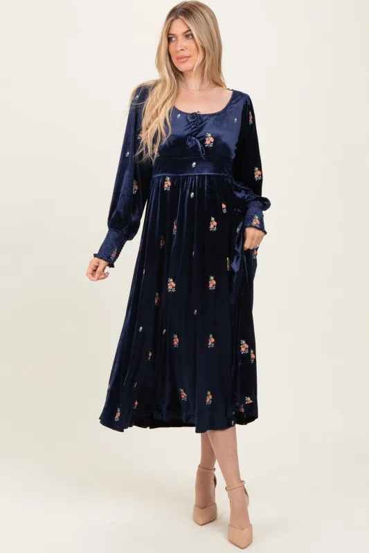 Navy Velvet Embroidered Floral Midi Dress sold by Pinkblush