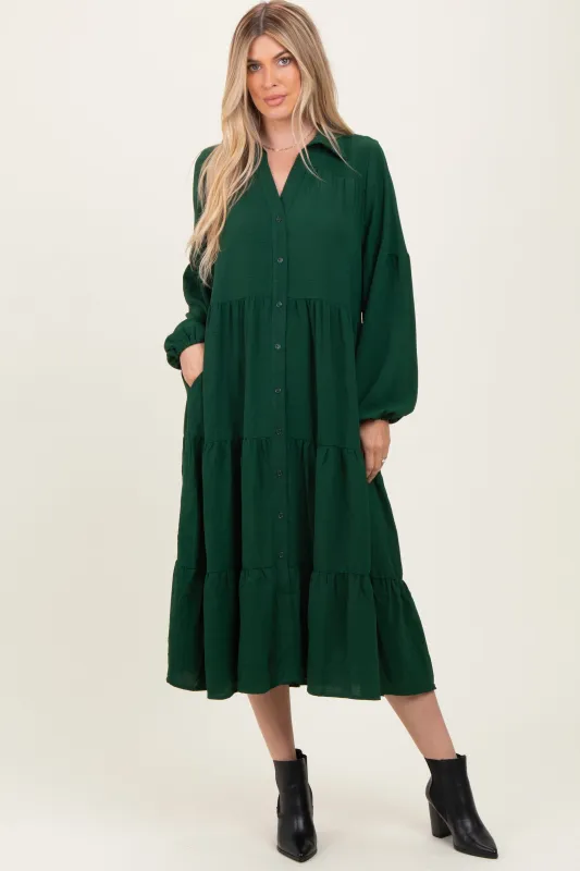 Forest Green Tiered Button Down Long Sleeve Maxi Dress sold by Pinkblush