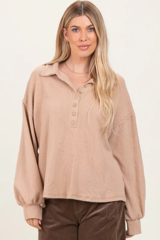 Taupe Solid Ribbed Long Sleeve Button Down Collared Top sold by Pinkblush
