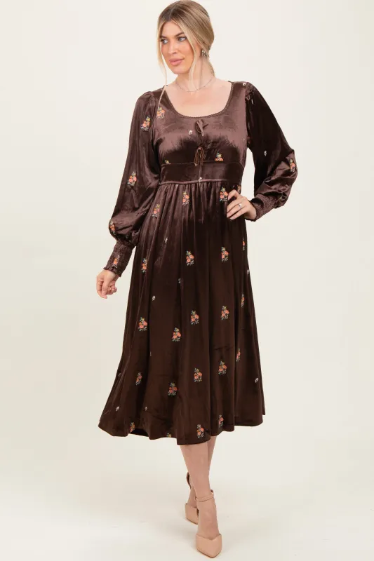 Brown Velvet Embroidered Floral Midi Dress sold by Pinkblush