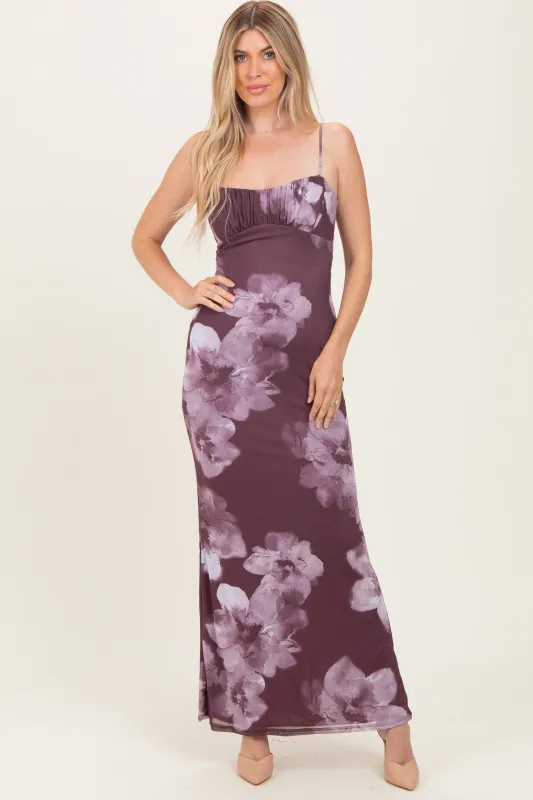 Purple Floral Mesh Sleeveless Cutout Maxi Dress sold by Pinkblush