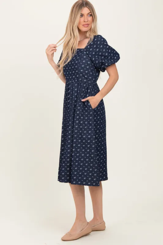 Navy Blue Floral Jacquard Denim Dress sold by Pinkblush