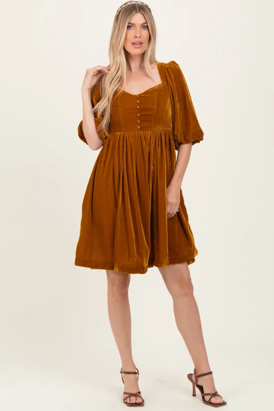 Camel Velvet Sweetheart Button Accent Dress made by Pinkblush