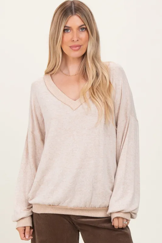 Beige Brushed Long Sleeve Ribbed V-Neck Top sold by Pinkblush