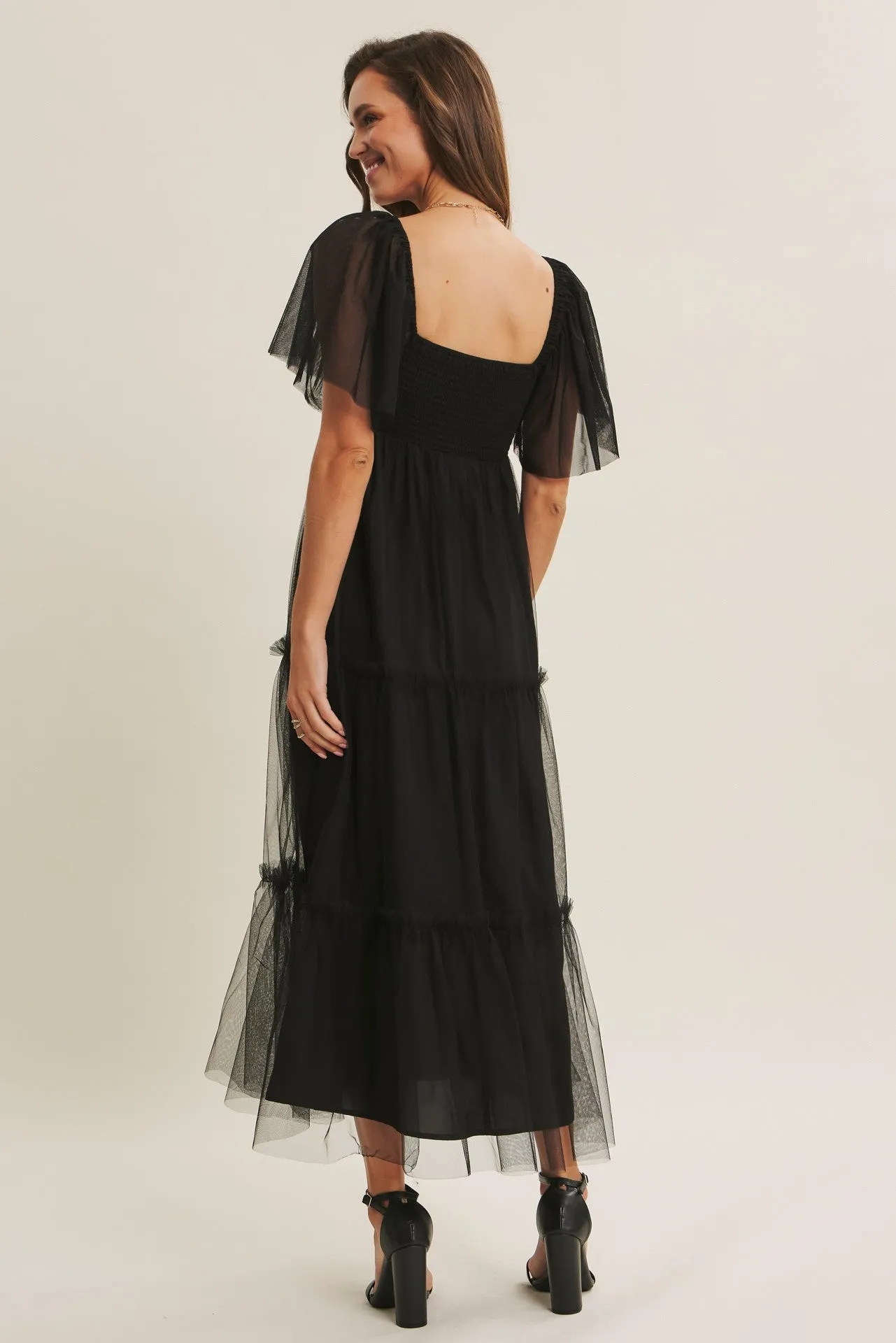 Black Sequin Bodice Tulle Tiered Midi Dress sold by Pinkblush product image thumbnail 3