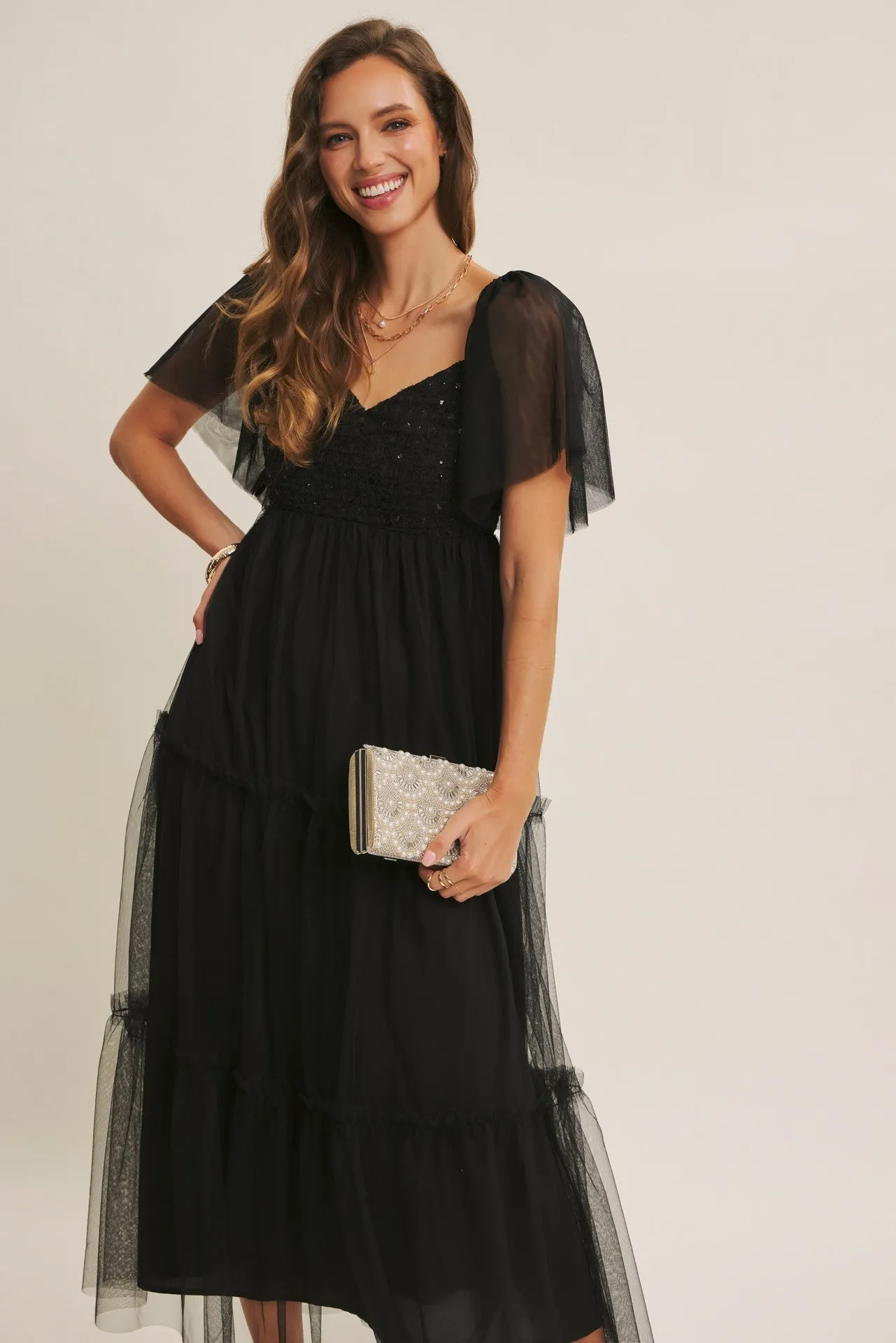 Black Sequin Bodice Tulle Tiered Midi Dress sold by Pinkblush product image thumbnail 4