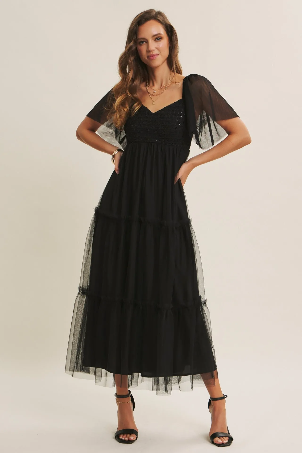 Black Sequin Bodice Tulle Tiered Midi Dress sold by Pinkblush