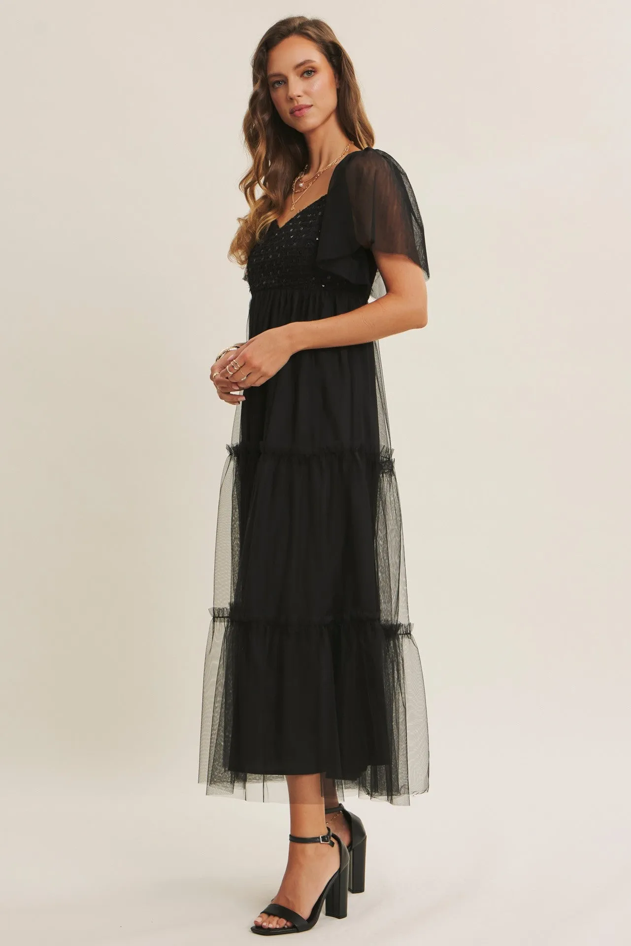 Black Sequin Bodice Tulle Tiered Midi Dress sold by Pinkblush product image thumbnail 2