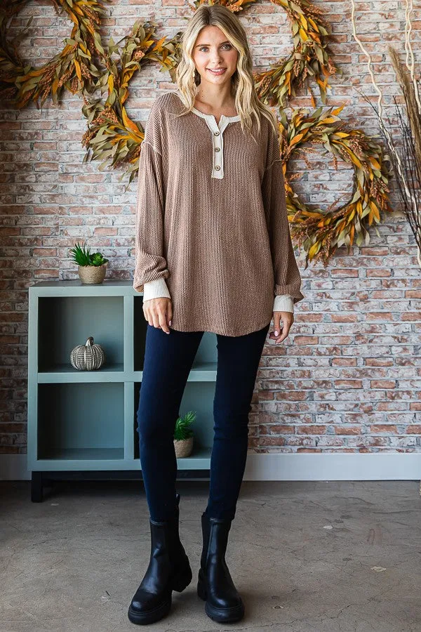 Mocha Textured Rib Bubble Sleeve Henley sold by Pinkblush product image thumbnail 4