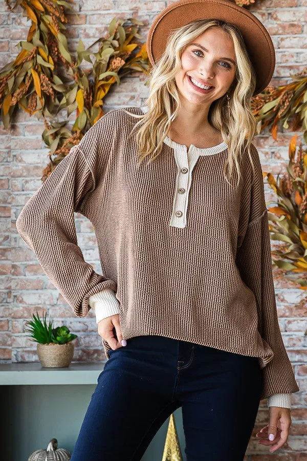 Mocha Textured Rib Bubble Sleeve Henley sold by Pinkblush