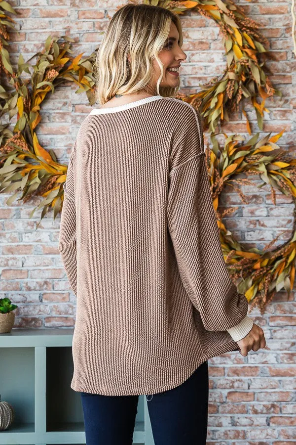 Mocha Textured Rib Bubble Sleeve Henley sold by Pinkblush product image thumbnail 3