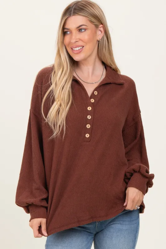 Brown Solid Ribbed Long Sleeve Button Down Collared Top sold by Pinkblush