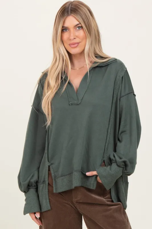 Olive Long Sleeve Reverse Stitch Collared Top sold by Pinkblush