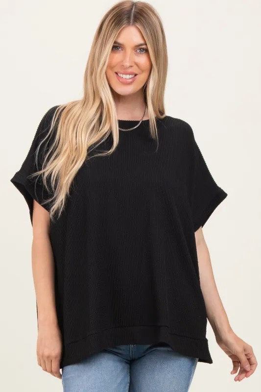 Black Solid Ribbed Short Sleeve Oversized Tunic Top sold by Pinkblush