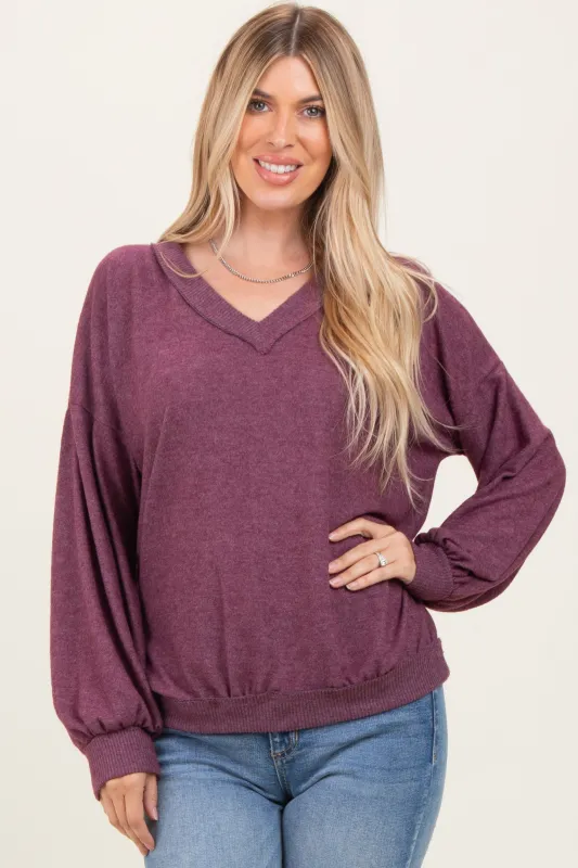 Plum Brushed Long Sleeve Ribbed V-Neck Top sold by Pinkblush