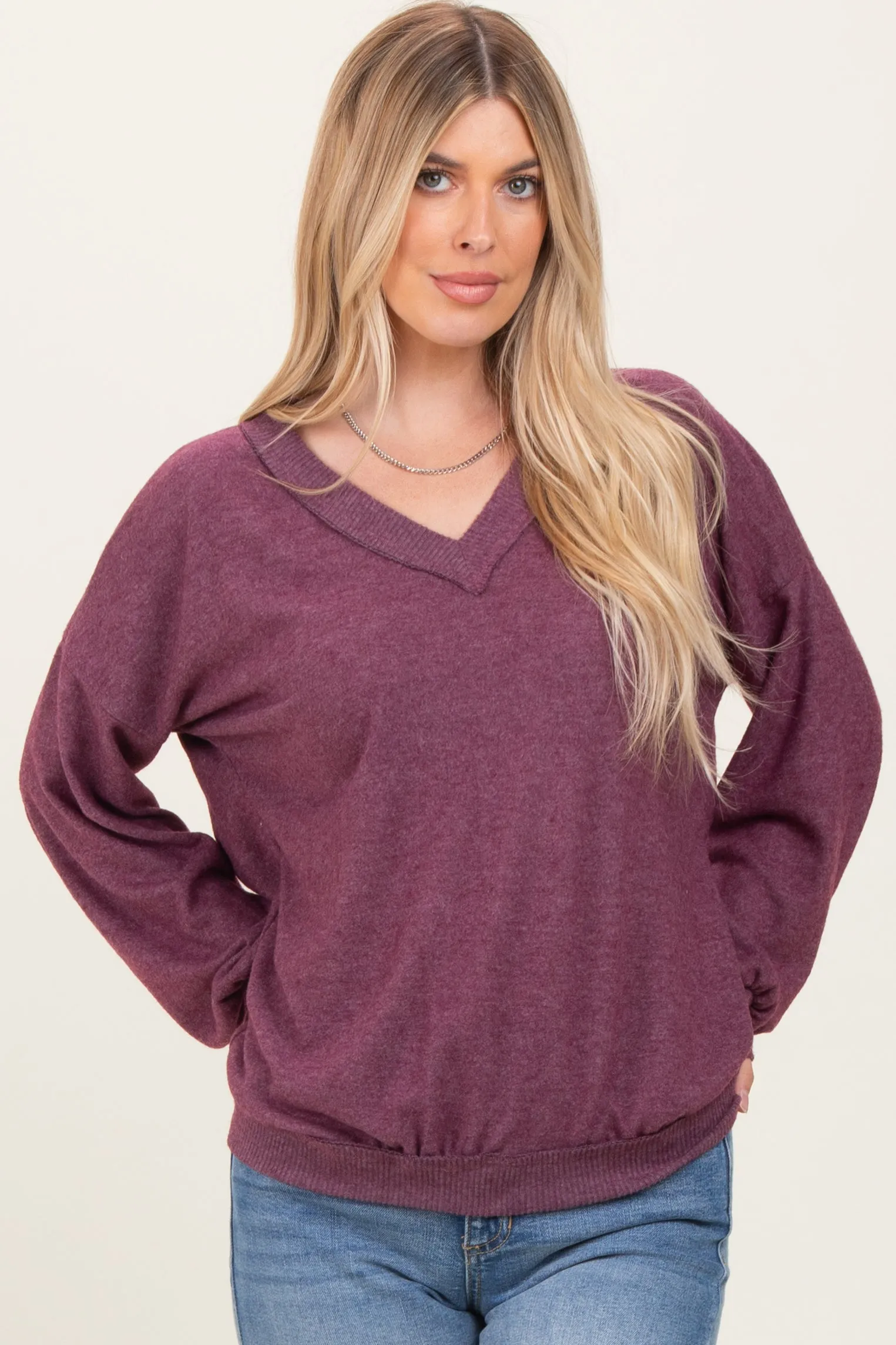 Plum Brushed Long Sleeve Ribbed V-Neck Top sold by Pinkblush product image thumbnail 2