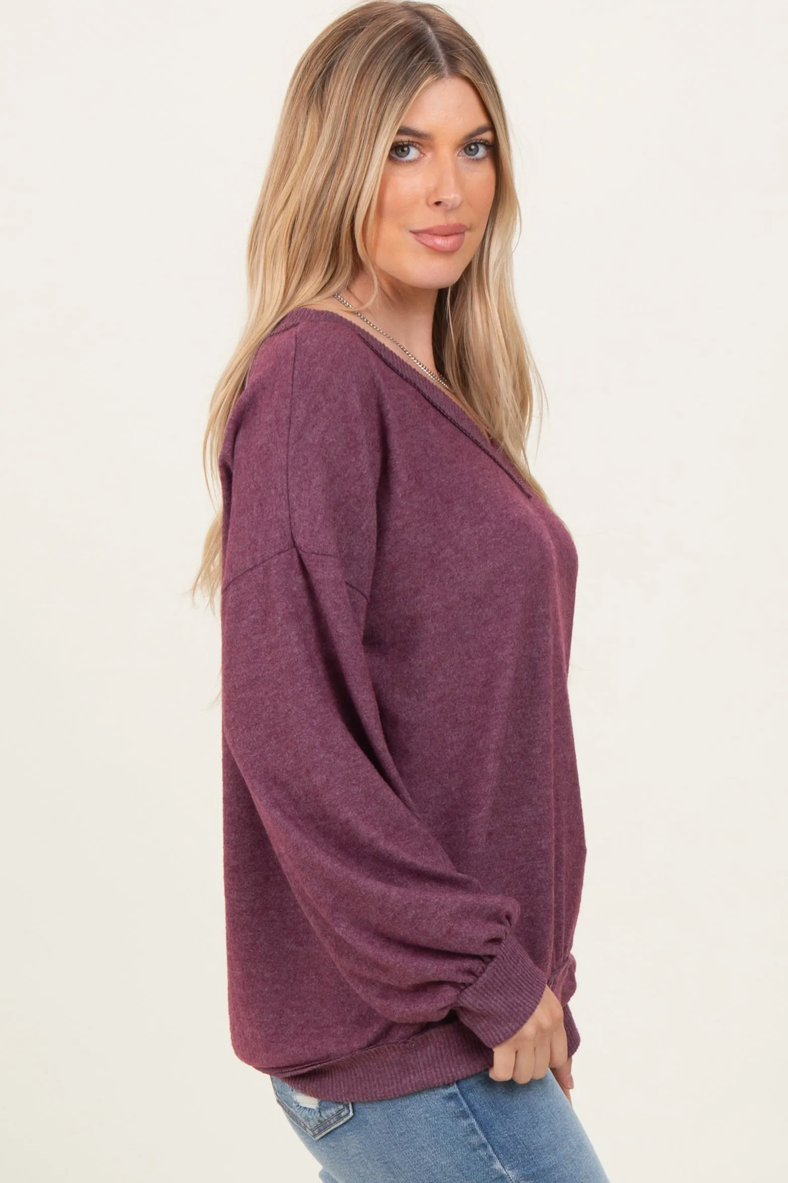 Plum Brushed Long Sleeve Ribbed V-Neck Top sold by Pinkblush product image thumbnail 3