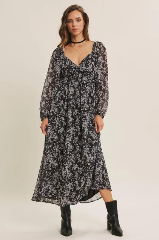 Black Floral Chiffon Twisted Front Midi Dress sold by Pinkblush