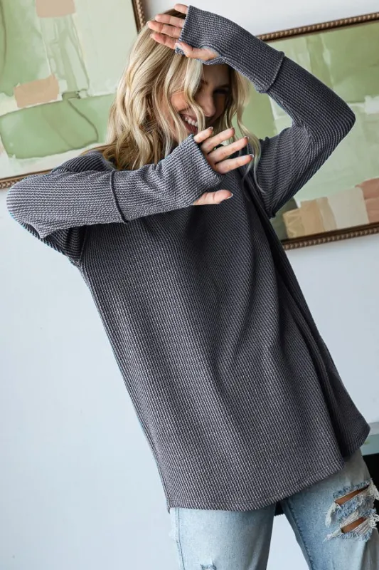 Charcoal Textured Rib Thumb Hole Long Sleeve Top sold by Pinkblush