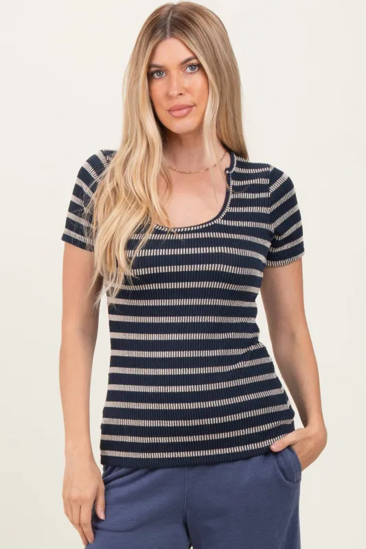 Navy Stripe Short Sleeve Round Neck Top sold by Pinkblush
