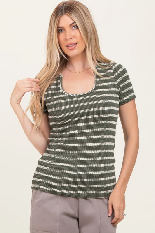 Olive Stripe Short Sleeve Round Neck Top sold by Pinkblush