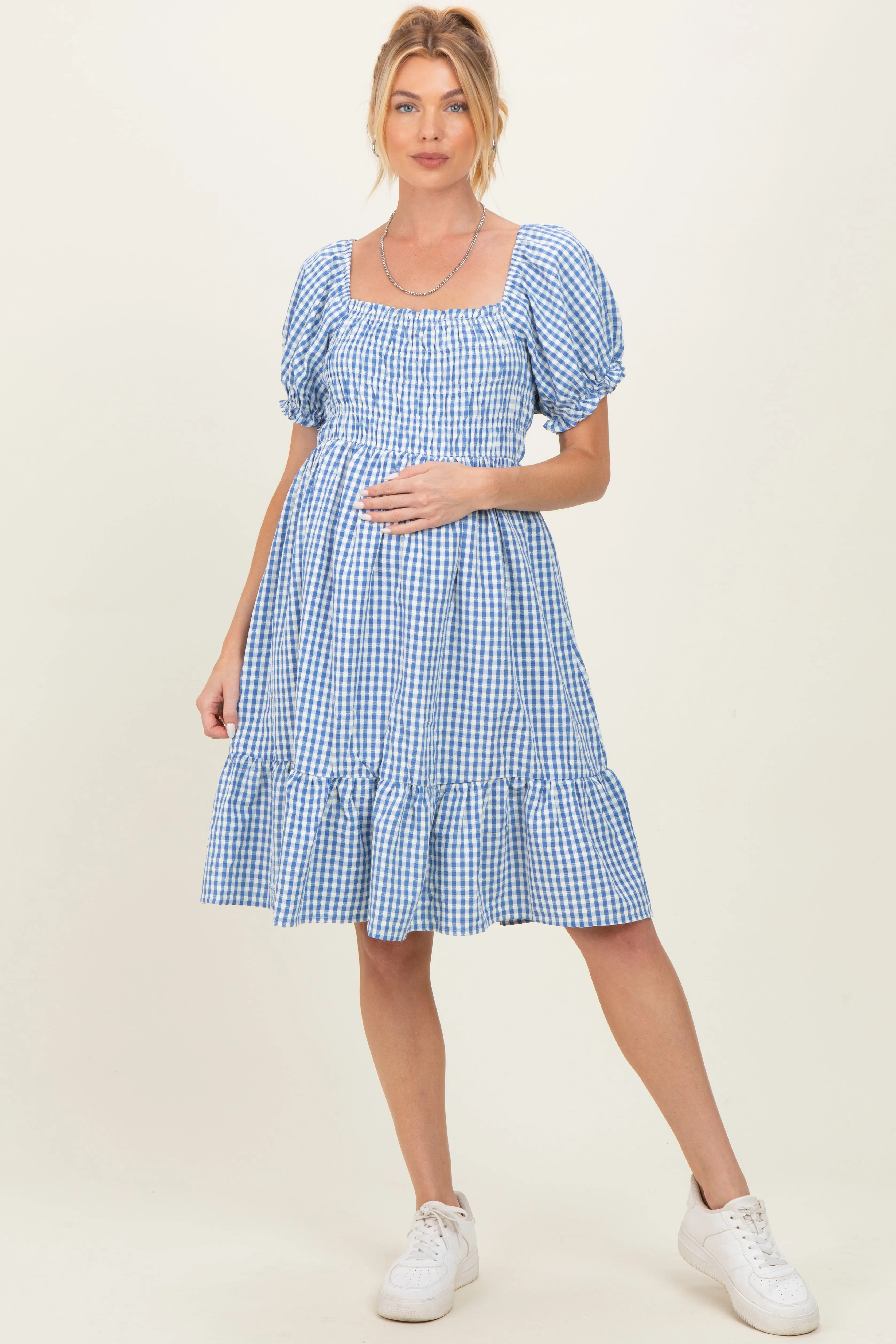 Blue Gingham Smocked Puff Sleeve Maternity Dress sold by Pinkblush product image thumbnail 2