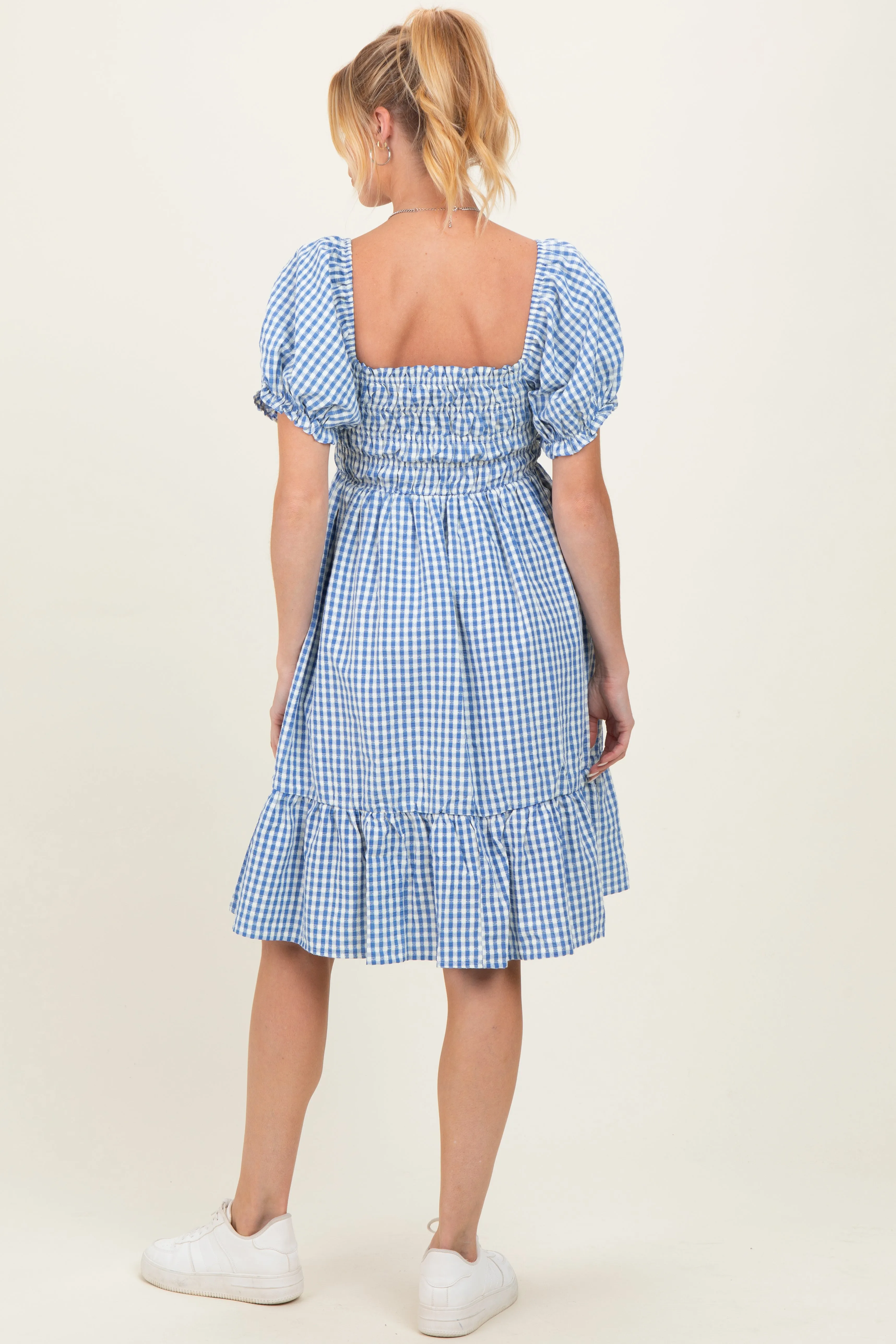 Blue Gingham Smocked Puff Sleeve Maternity Dress sold by Pinkblush product image thumbnail 4