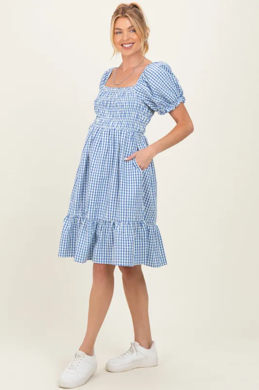 Blue Gingham Smocked Puff Sleeve Maternity Dress sold by Pinkblush