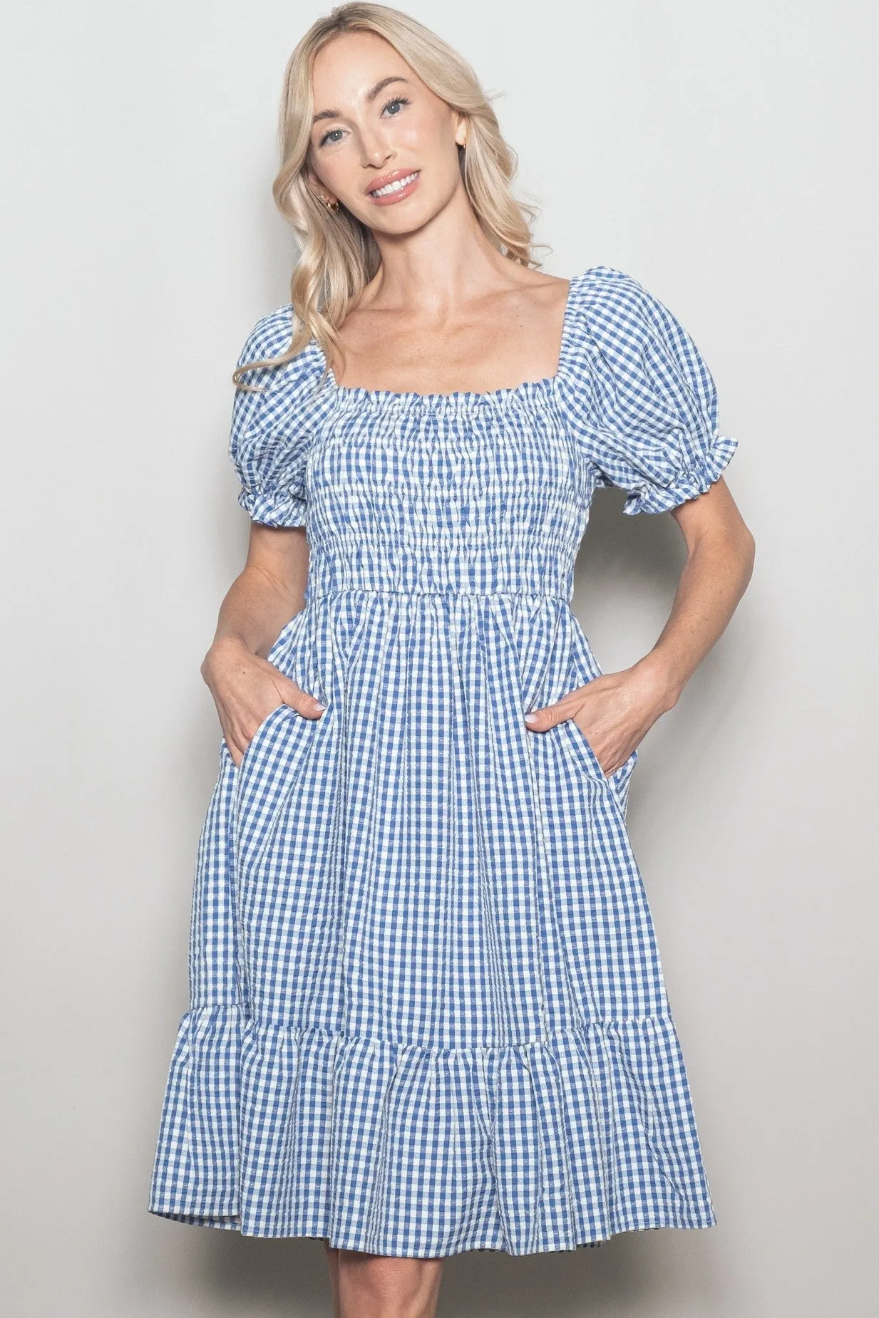 Blue Gingham Smocked Puff Sleeve Maternity Dress sold by Pinkblush product image thumbnail 5