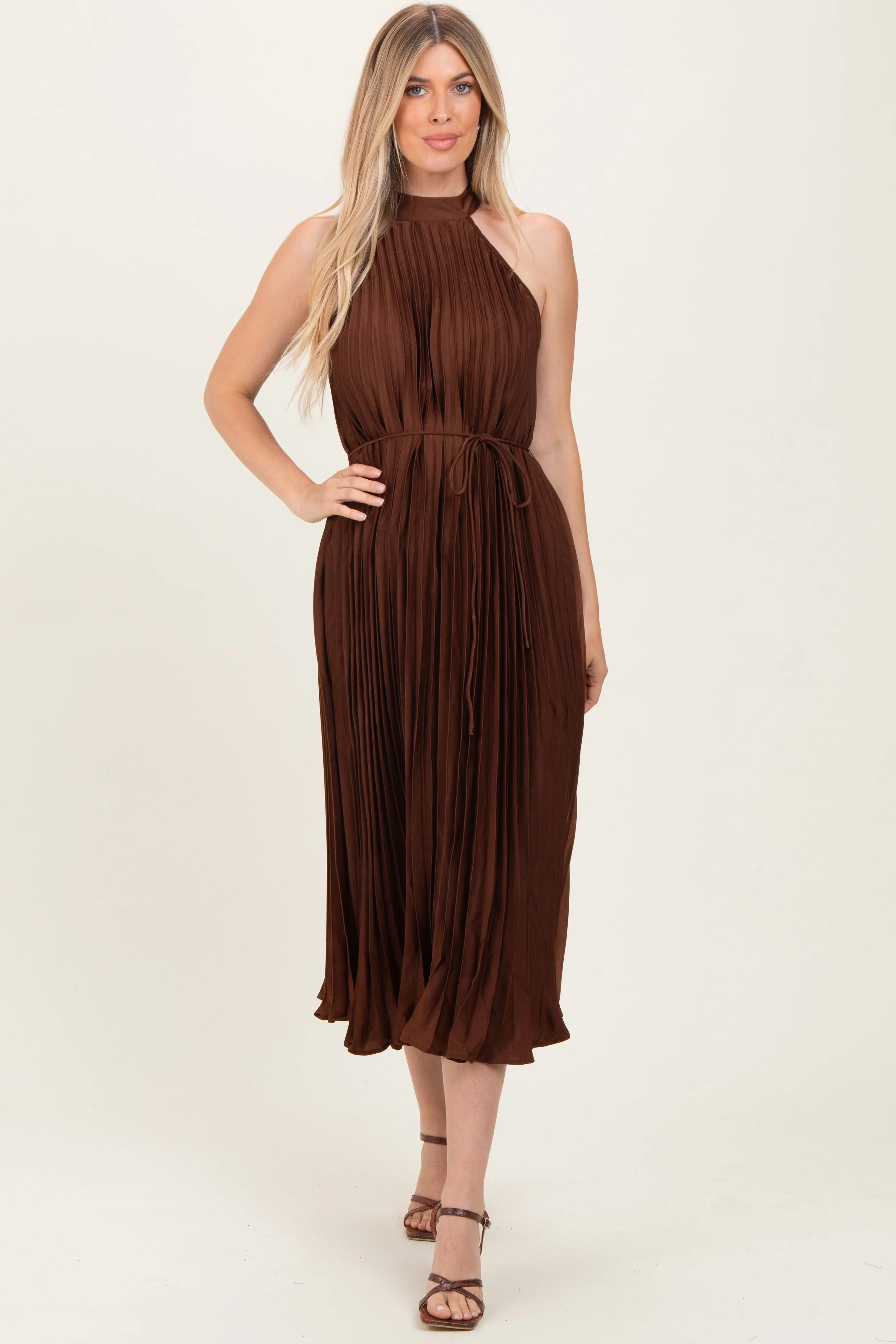 Brown Pleated Halter Dress sold by Pinkblush